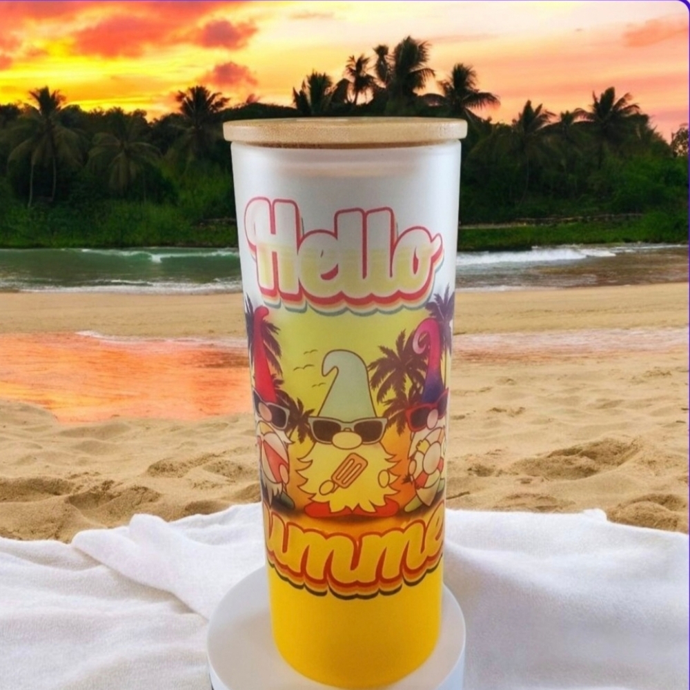 HELLO SUMMER Gnomes 20oz Gradient Yellow Glass Tumbler with duo lids 🎉sale
